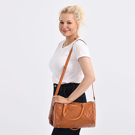 Styled by - 100% Genuine Leather Weekender Bag with Leaher Shoulder Strap - Tan
