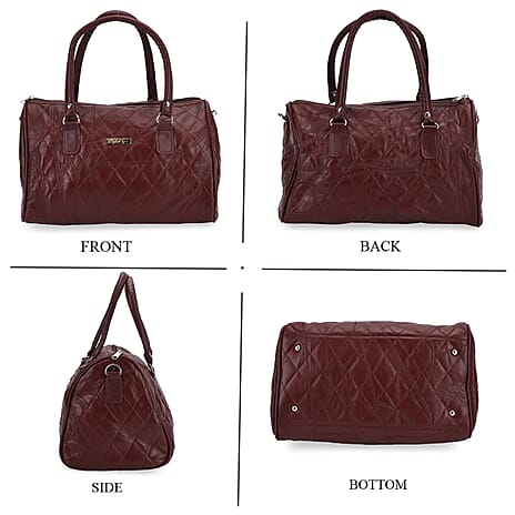 Styled by - 100% Genuine Leather Weekender Bag with Leaher Shoulder Strap - Burgundy