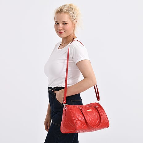 Styled by - 100% Genuine Leather Weekender Bag with Leaher Shoulder Strap - Red
