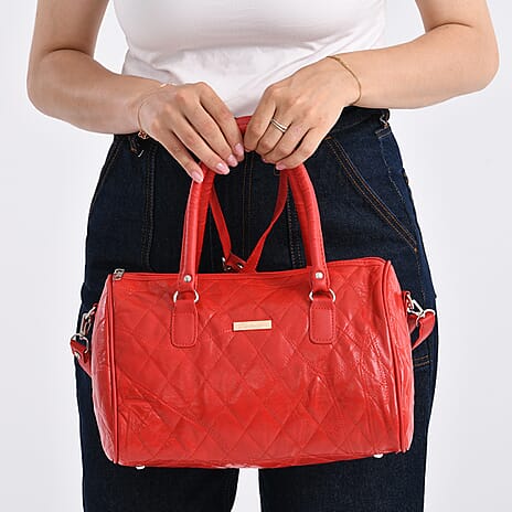Styled by - 100% Genuine Leather Weekender Bag with Leaher Shoulder Strap - Red