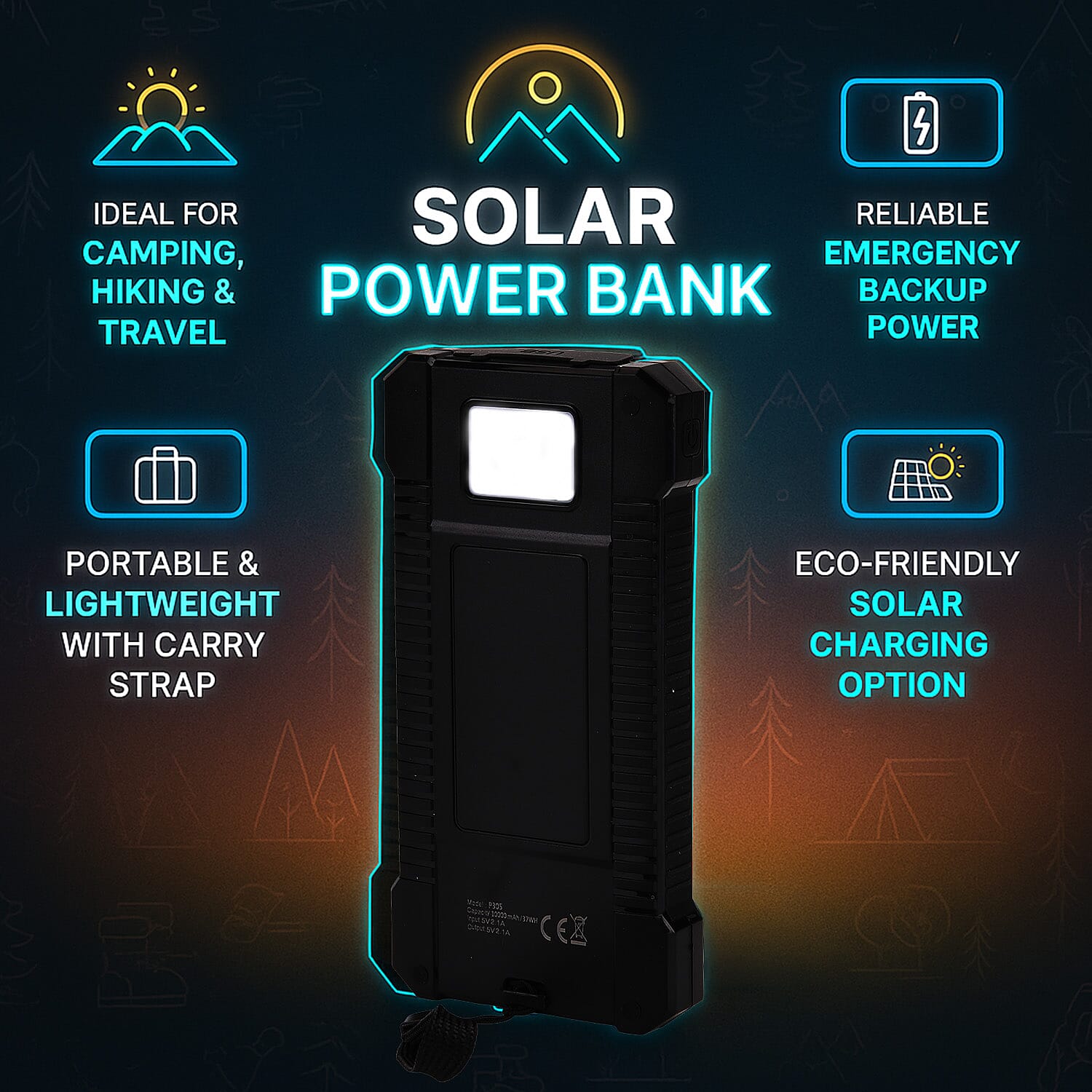 Power Bank 10000mAh with 2.1A Output, 3 Light Modes, 2 USB Ports - Black