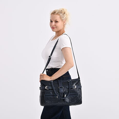 Genuine Leather Multi-Pocket Handbag - Everyday Lifestyle Bag - Blue