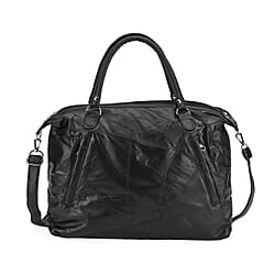 Closeout Deal - Genuine Leather Handbag with Adjustable Shoulder Strap - Black