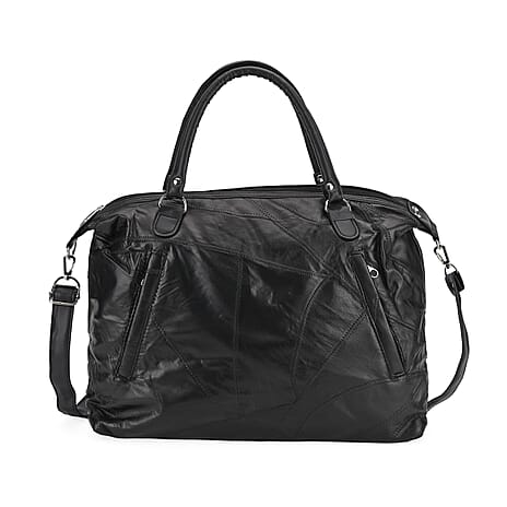 Closeout Deal - Genuine Leather Handbag with Adjustable Shoulder Strap - Black