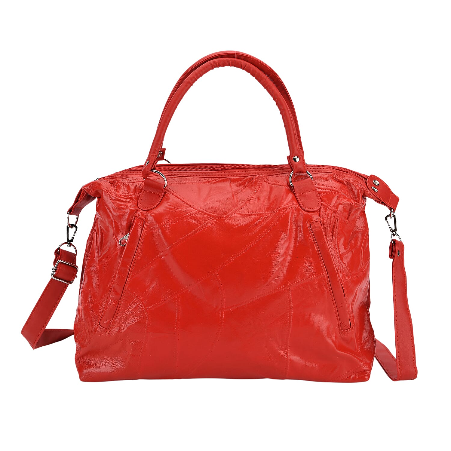 Closeout Deal - Genuine Leather Handbag with Adjustable Shoulder Strap - Red