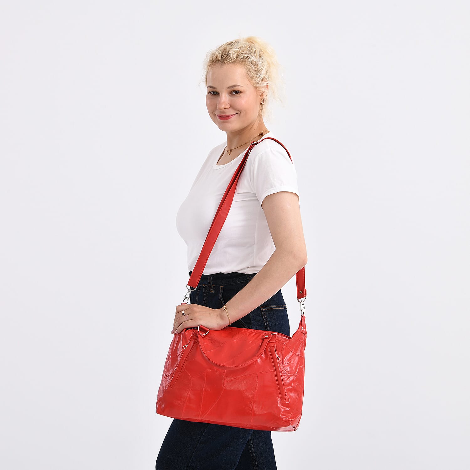 Closeout Deal - Genuine Leather Handbag with Adjustable Shoulder Strap - Red