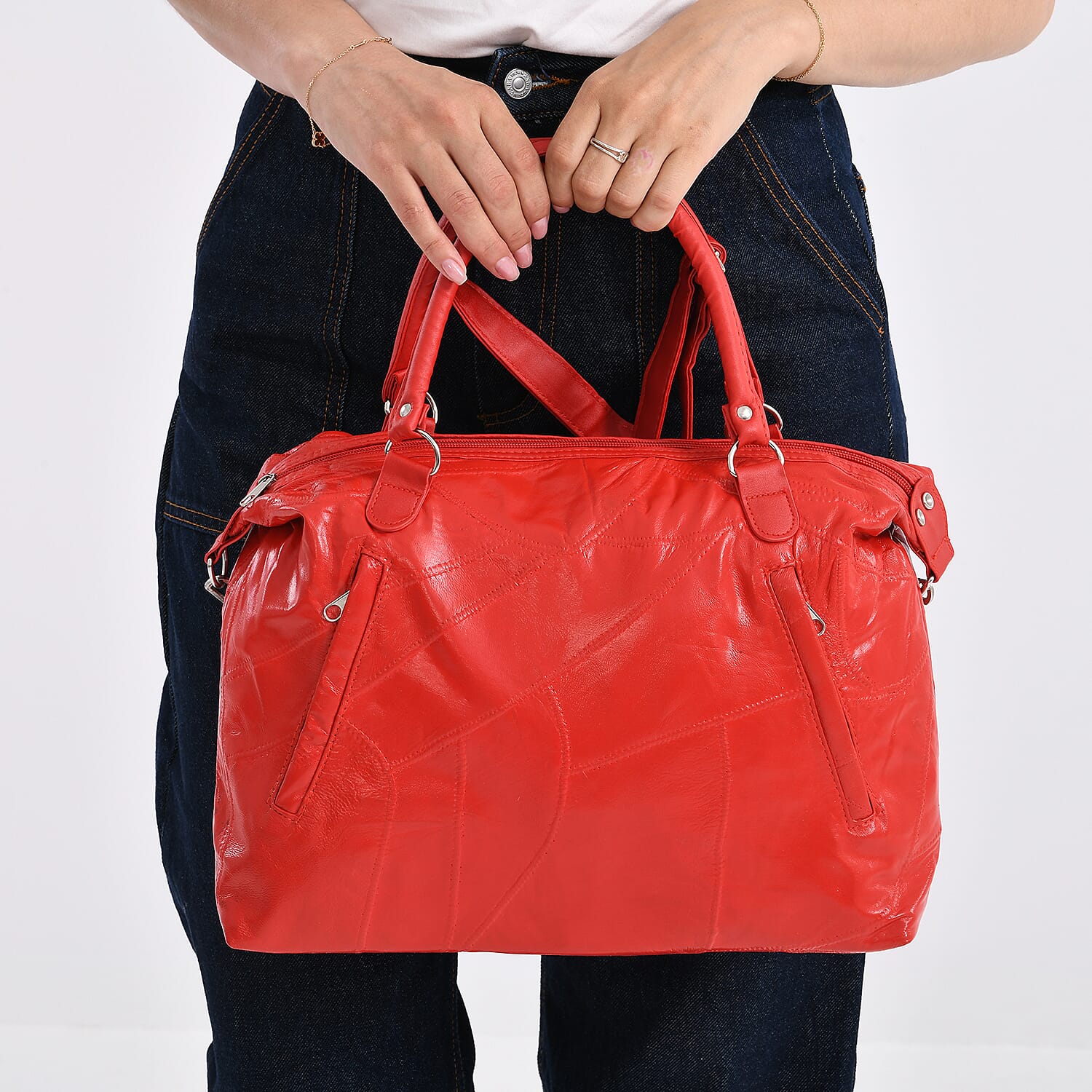 Closeout Deal - Genuine Leather Handbag with Adjustable Shoulder Strap - Red