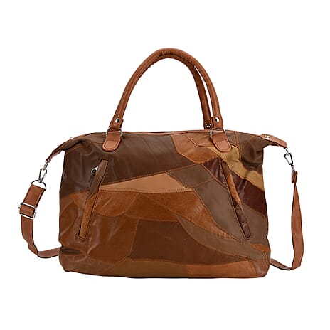Closeout Deal - Genuine Leather Handbag with Adjustable Shoulder Strap - Camel