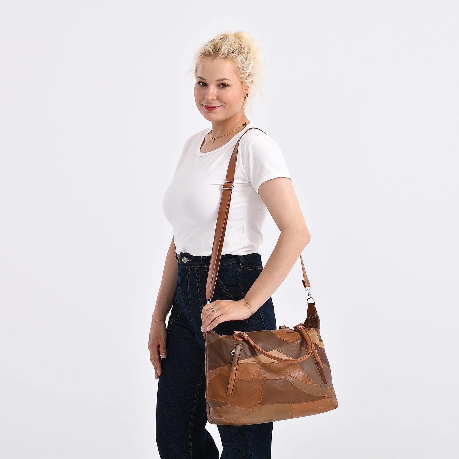 Closeout Deal - Genuine Leather Handbag with Adjustable Shoulder Strap - Camel