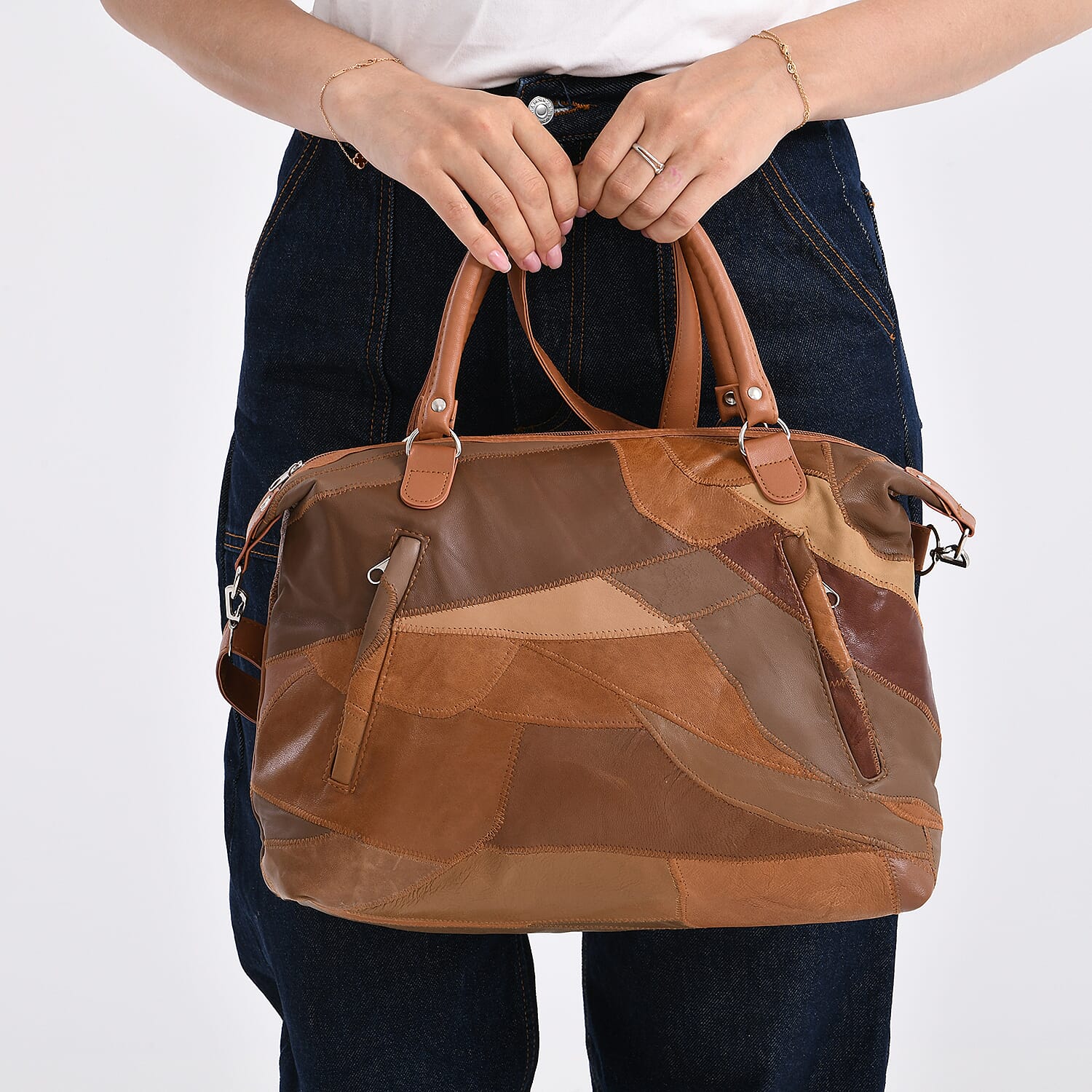 Closeout Deal - Genuine Leather Handbag with Adjustable Shoulder Strap - Camel