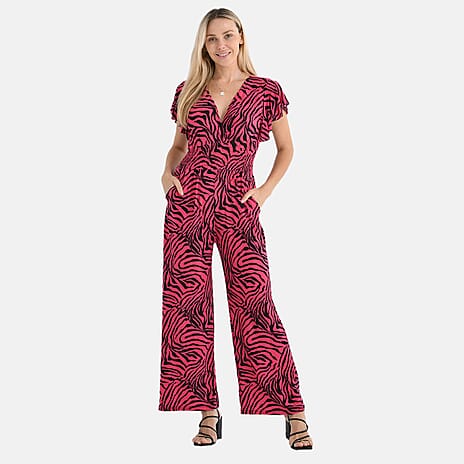 - Maisi Smocked Waist Stretch Jersey V-Neck Jumpsuit (Size L) - Black - Pink