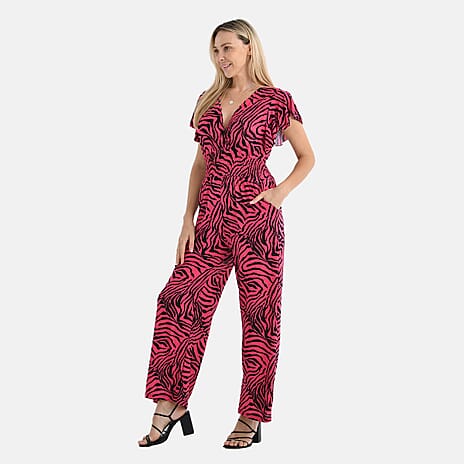 - Maisi Smocked Waist Stretch Jersey V-Neck Jumpsuit (Size L) - Black - Pink