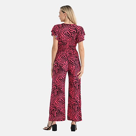 - Maisi Smocked Waist Stretch Jersey V-Neck Jumpsuit (Size M) - Black - Pink