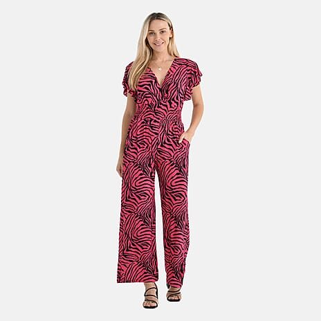 - Maisi Smocked Waist Stretch Jersey V-Neck Jumpsuit (Size M) - Black - Pink