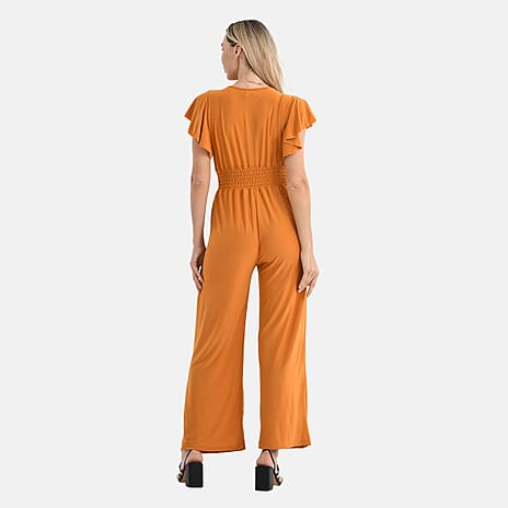 - Maisi Smocked Waist Stretch Jersey V-Neck Jumpsuit (Size M) - Mustard