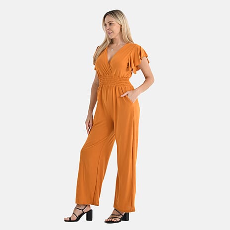 - Maisi Smocked Waist Stretch Jersey V-Neck Jumpsuit (Size M) - Mustard