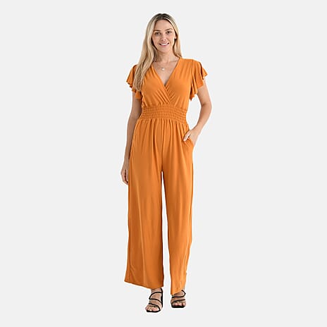 - Maisi Smocked Waist Stretch Jersey V-Neck Jumpsuit (Size XL) - Mustard