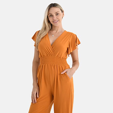 - Maisi Smocked Waist Stretch Jersey V-Neck Jumpsuit (Size XL) - Mustard