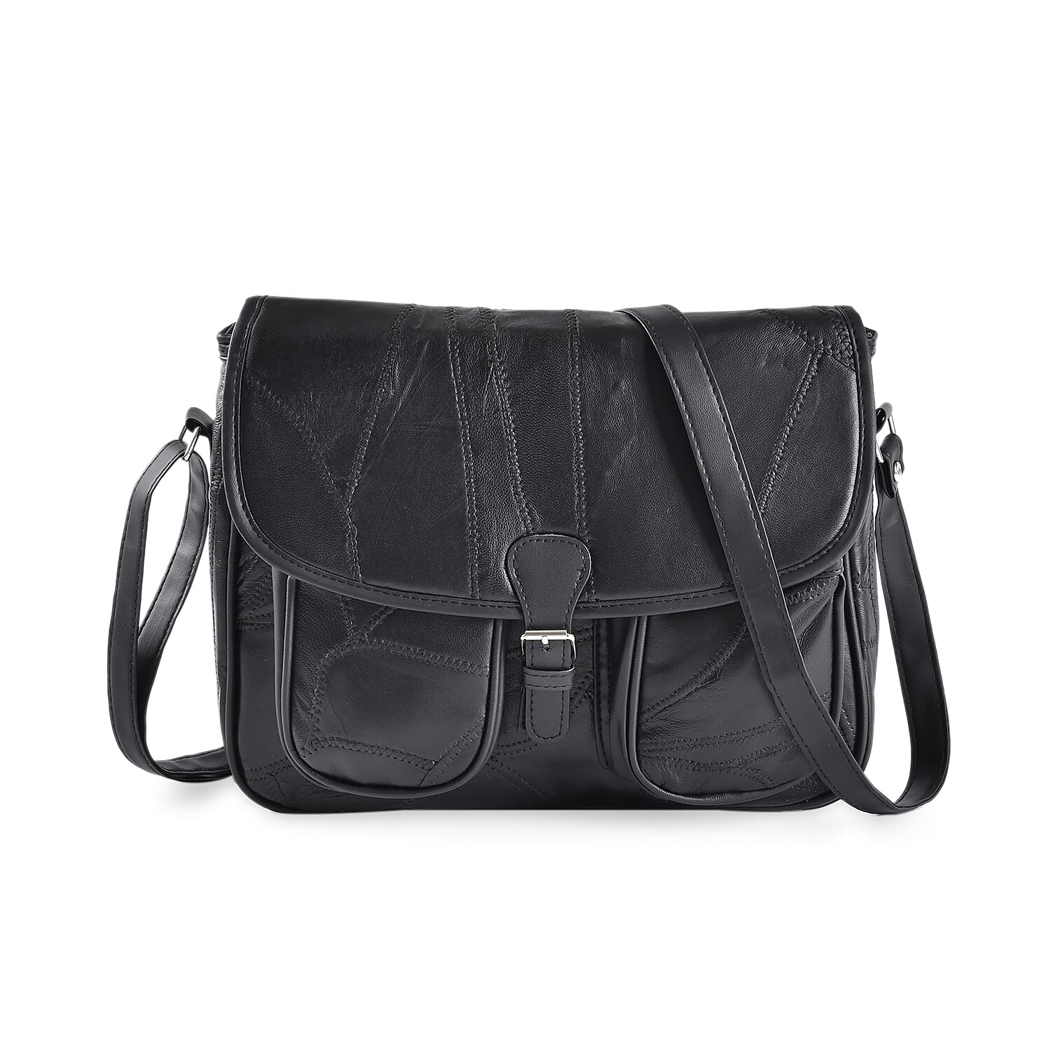 100% Leather Crossbody Bag with Adjustable Shoulder Strap - Black