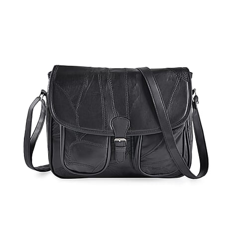 100% Leather Crossbody Bag with Adjustable Shoulder Strap - Black