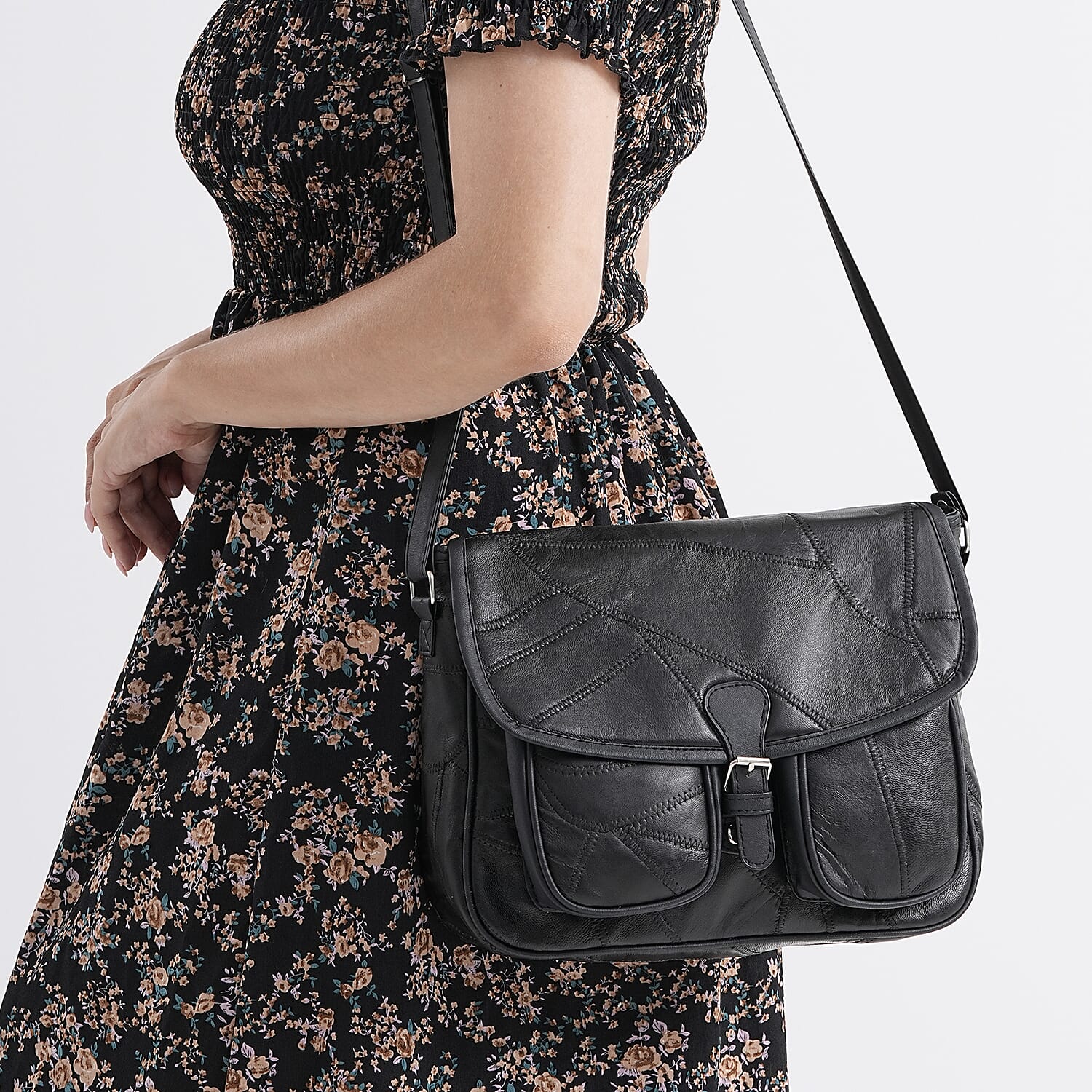 100% Leather Crossbody Bag with Adjustable Shoulder Strap - Black