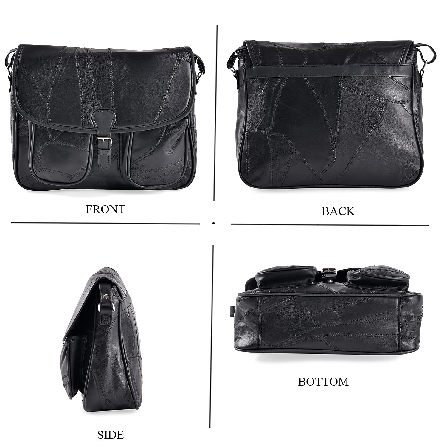 100% Leather Crossbody Bag with Adjustable Shoulder Strap - Black