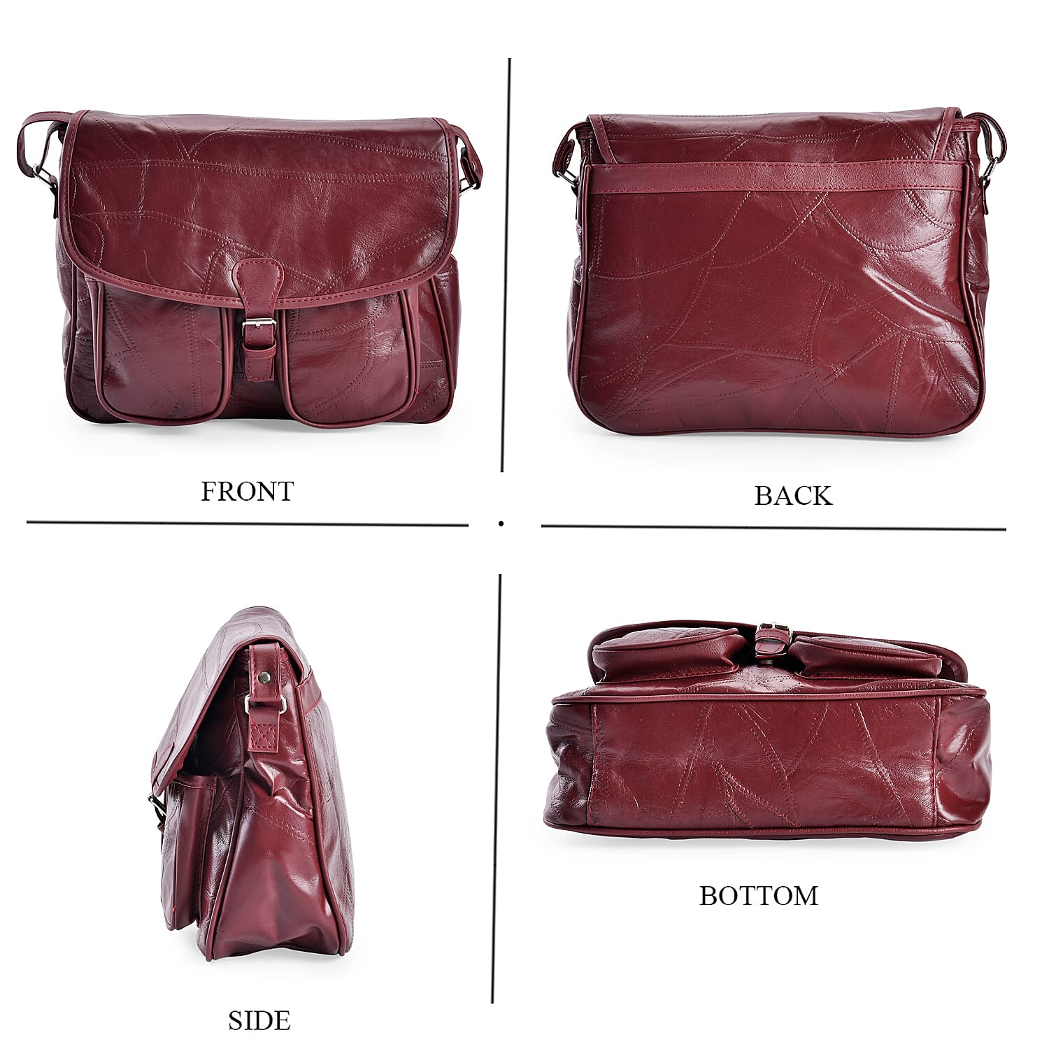 100% Leather Crossbody Bag with Adjustable Shoulder Strap - Burgandy