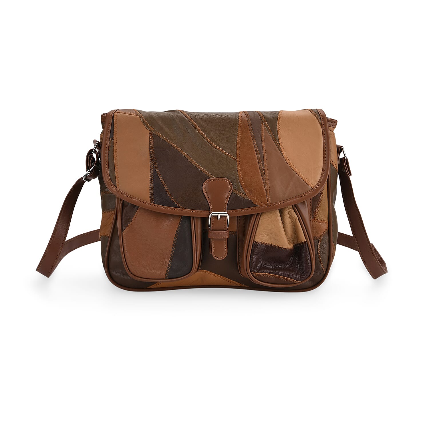 100% Leather Crossbody Bag with Adjustable Shoulder Strap - Camel