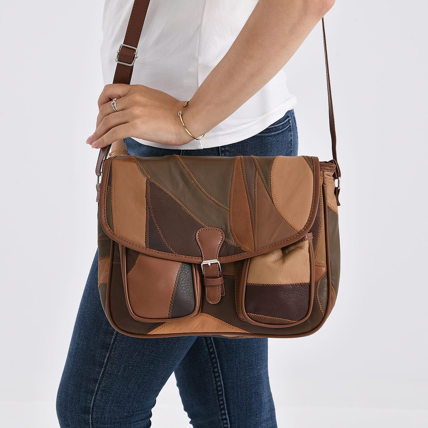 100% Leather Crossbody Bag with Adjustable Shoulder Strap - Camel