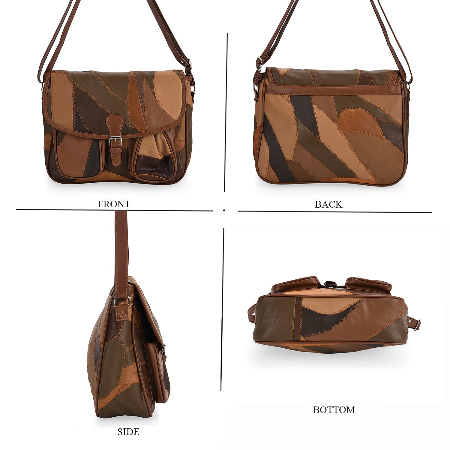 100% Leather Crossbody Bag with Adjustable Shoulder Strap - Camel