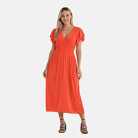 Tamsy Womens Flutter Sleeve V-Neck Smocked Midi Dress (One Size) - Red
