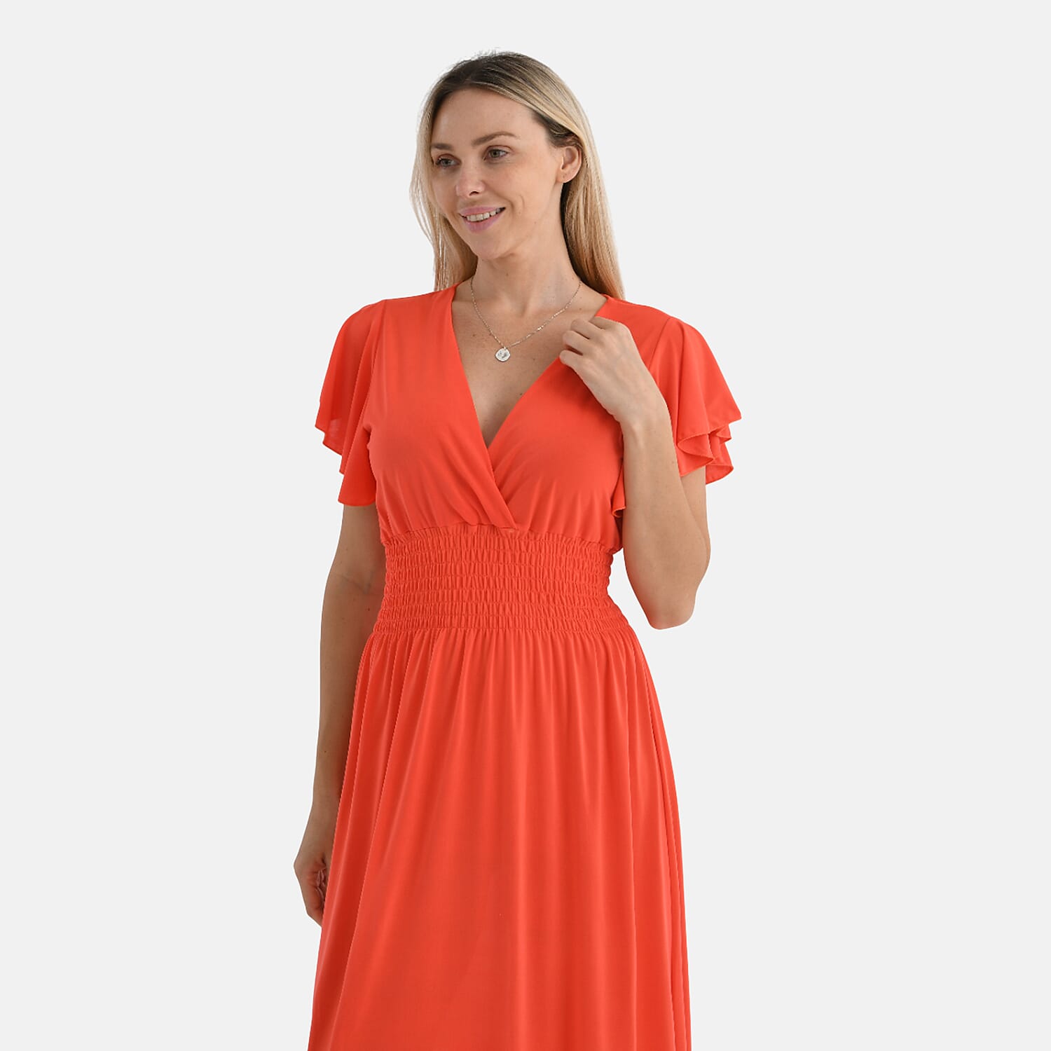 Tamsy Womens Flutter Sleeve V-Neck Smocked Midi Dress (One Size) - Red Tamsy Womens Flutter Sleeve V-Neck Smocked Midi Dress (One Size) - Red