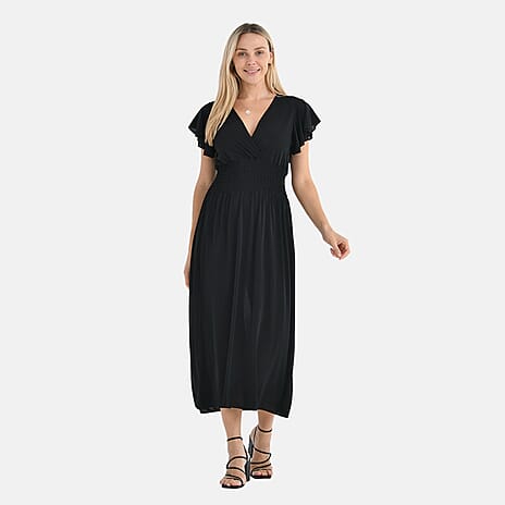 Tamsy Womens Flutter Sleeve V-Neck Smocked Midi Dress (One Size) - Black