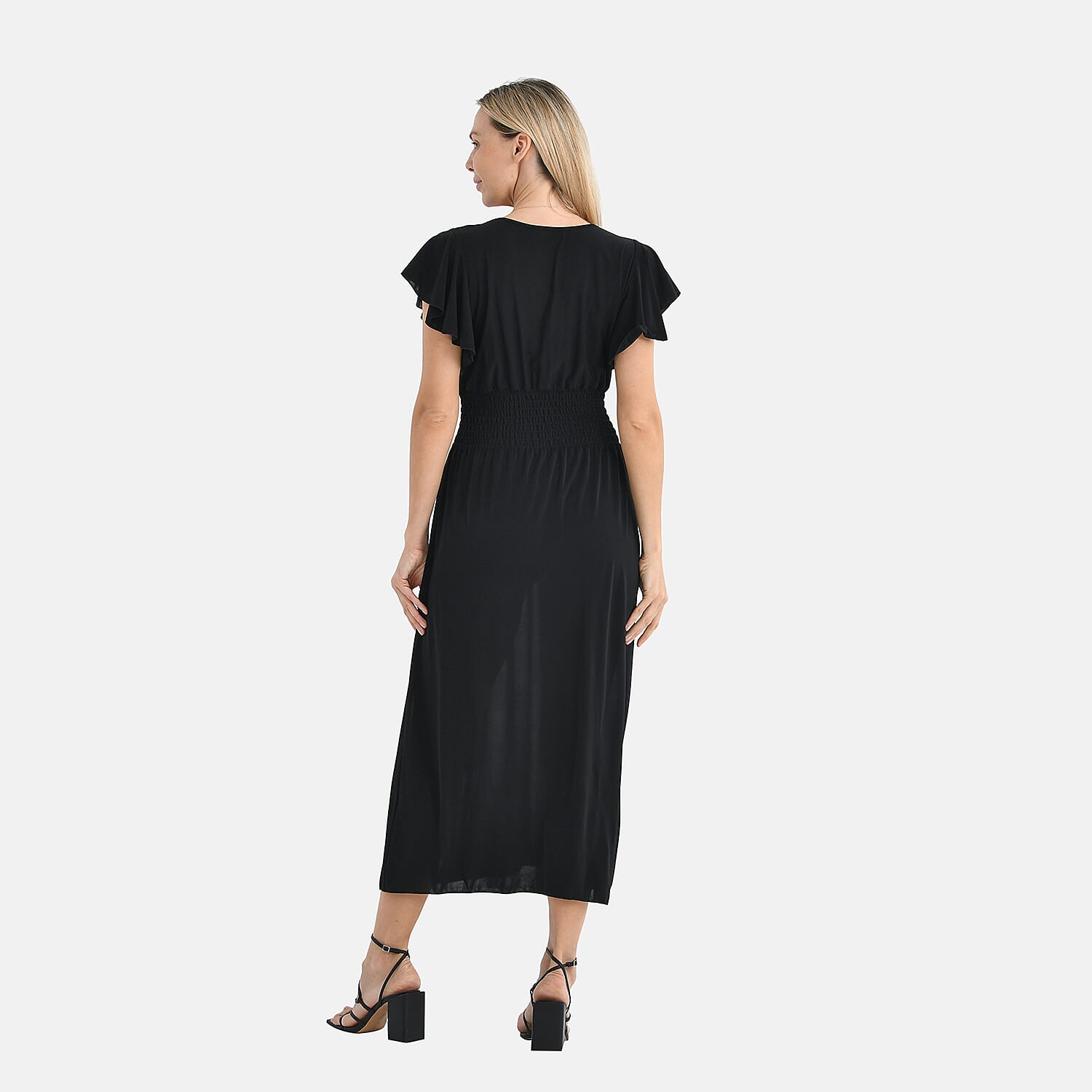 Tamsy Womens Flutter Sleeve V-Neck Smocked Midi Dress