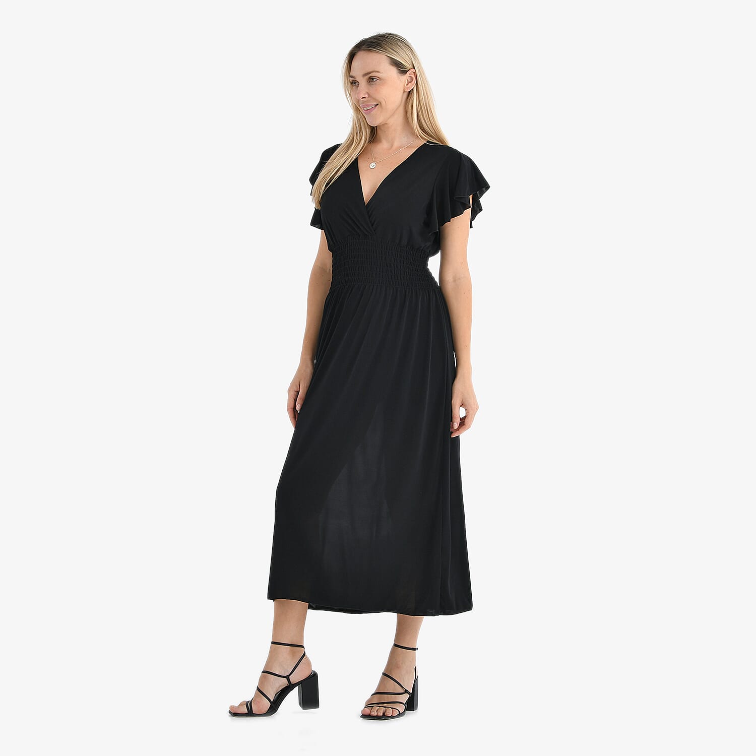 Tamsy Womens Flutter Sleeve V-Neck Smocked Midi Dress