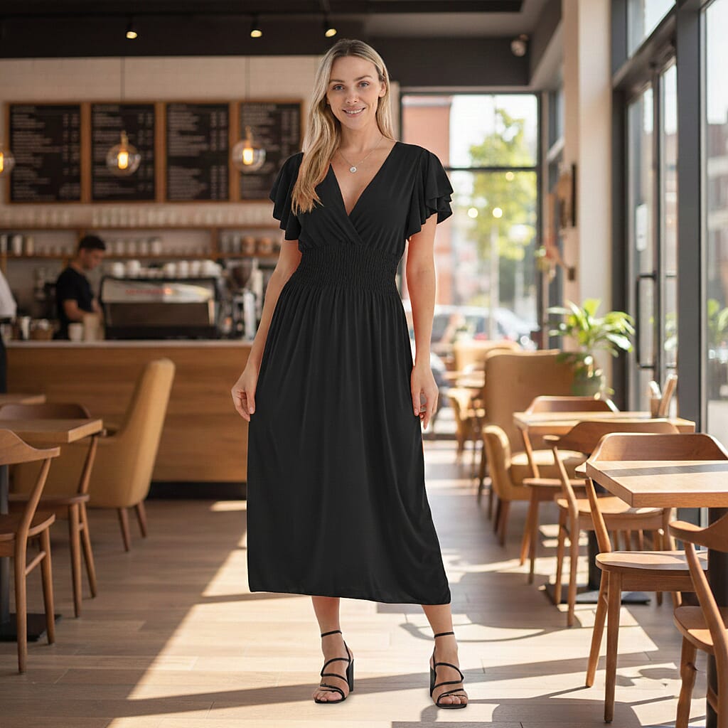 Tamsy Womens Flutter Sleeve V-Neck Smocked Midi Dress