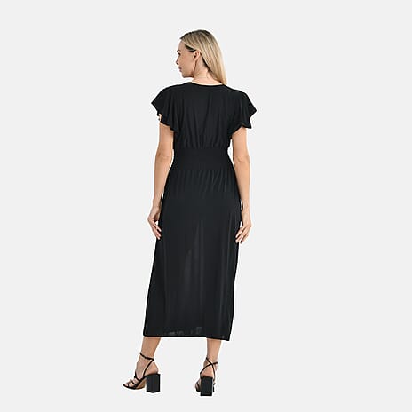 Tamsy Womens Flutter Sleeve V-Neck Smocked Midi Dress (One Size Curve) - Black