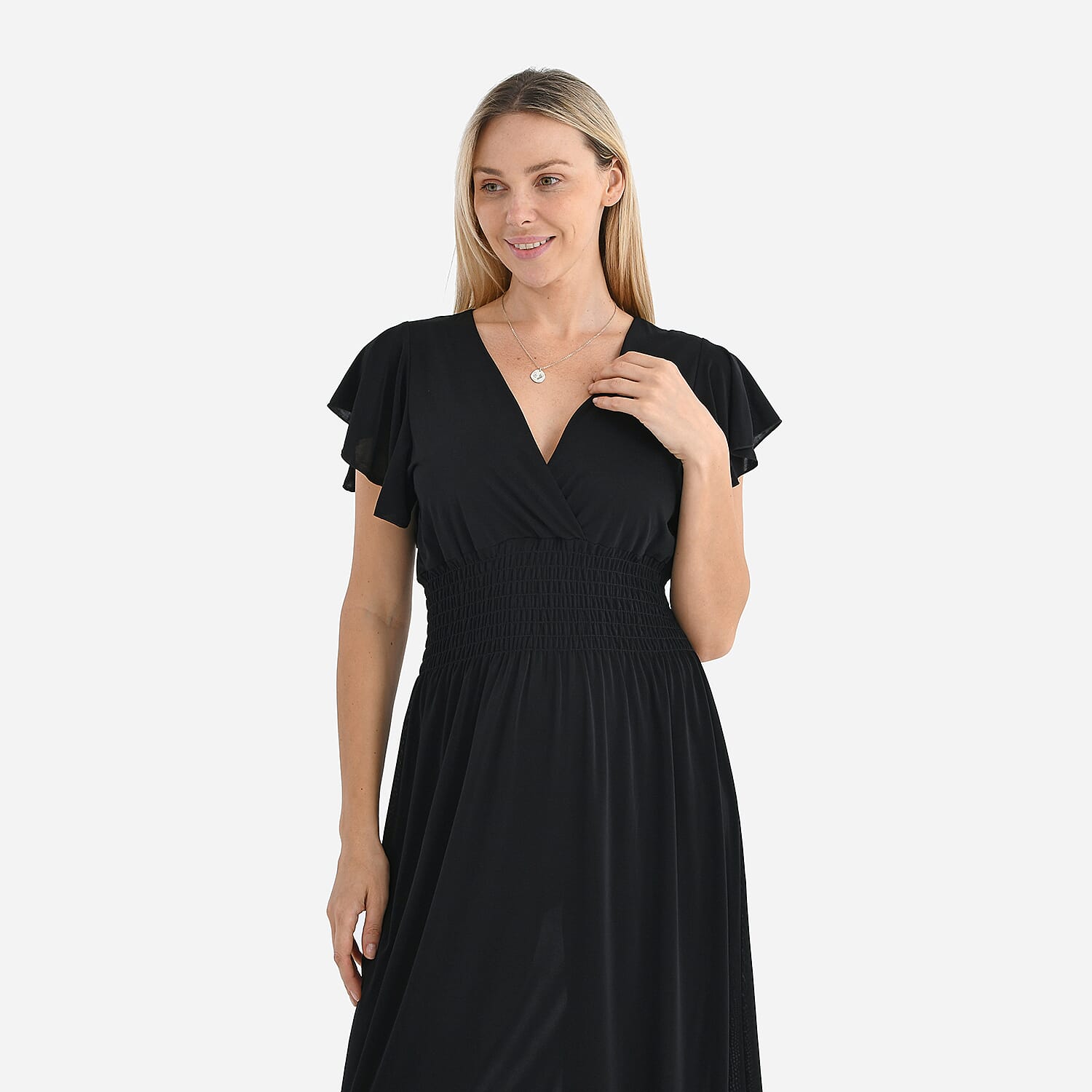 Tamsy Womens Flutter Sleeve V-Neck Smocked Midi Dress (One Size Curve) - Black Tamsy Womens Flutter Sleeve V-Neck Smocked Midi Dress (One Size Curve) - Black