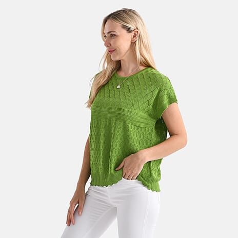 - Maisi Acrylic Knit Short Sleeve Casual Top (Size M) - Green