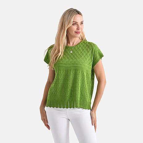 - Maisi Acrylic Knit Short Sleeve Casual Top (Size L) - Green