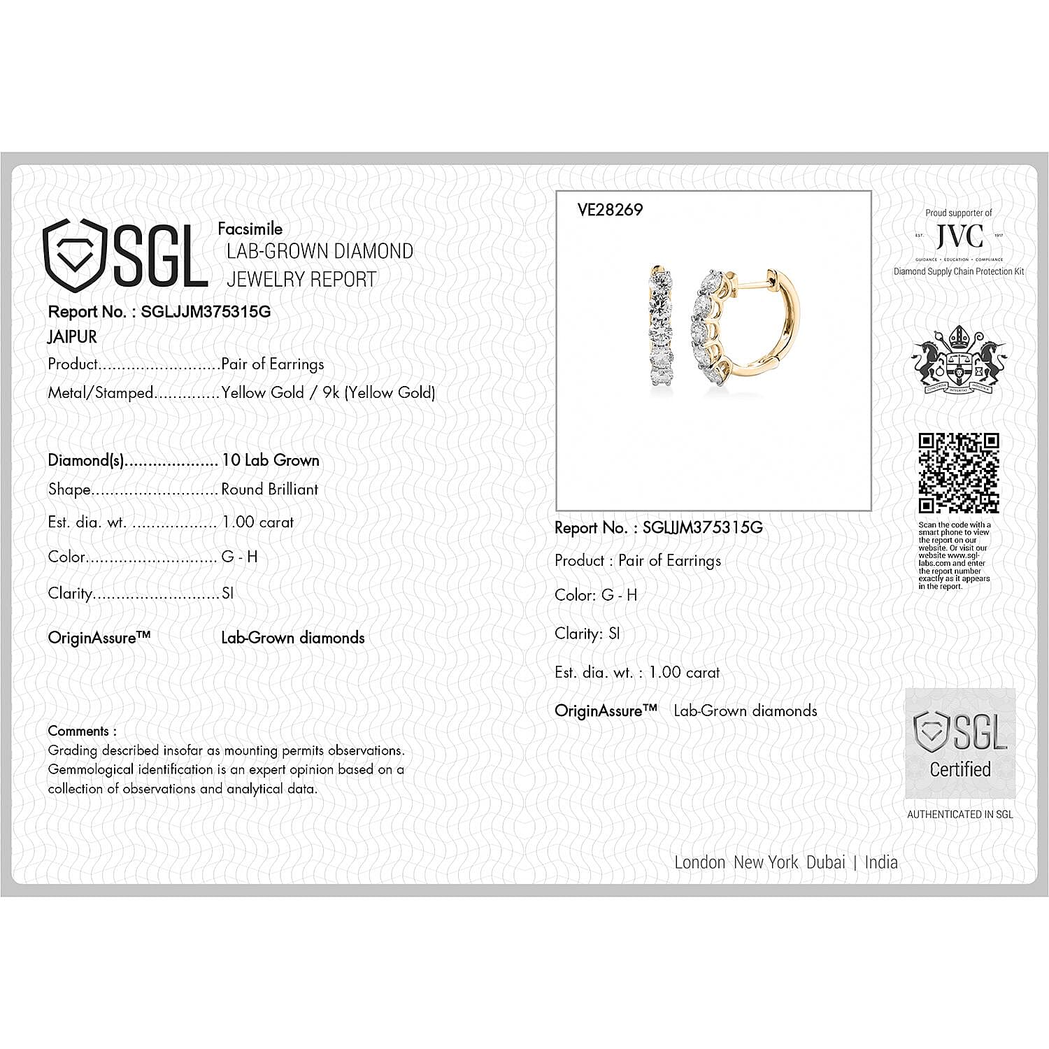 Luxuriant Diamond 9K Yellow Gold SGL Certified Lab Grown Diamond SI-G-H Full Hoop Earring with Clasp 1.02 Ct. Luxuriant Diamond 9K Yellow Gold SGL Certified Lab Grown Diamond SI-G-H Full Hoop Earring with Clasp 1.02 Ct.