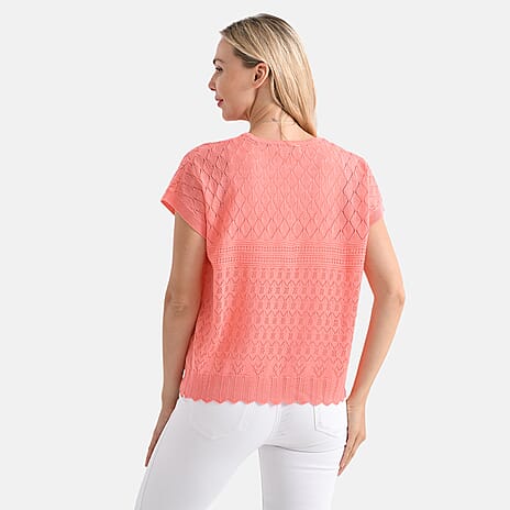 - Maisi Acrylic Knit Short Sleeve Casual Top (Size S) - Orange