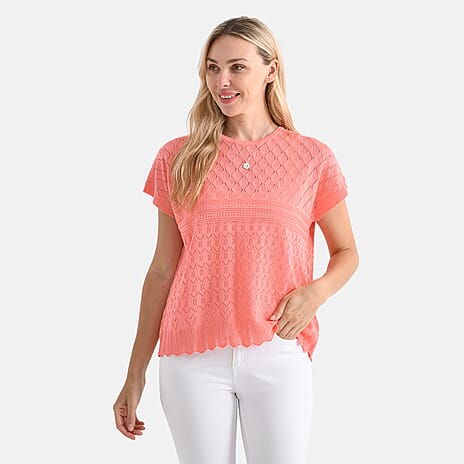 - Maisi Acrylic Knit Short Sleeve Casual Top (Size S) - Orange