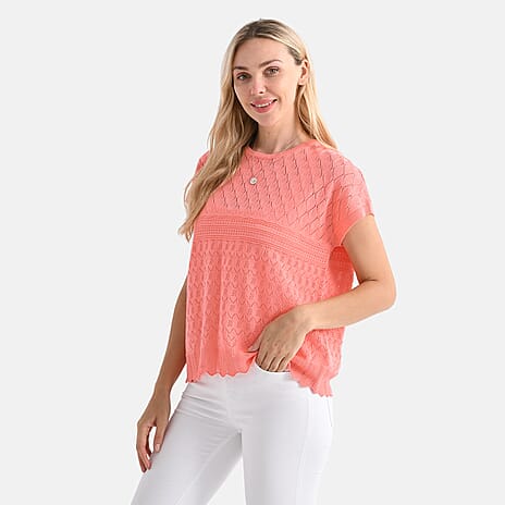 - Maisi Acrylic Knit Short Sleeve Casual Top (Size L) - Orange