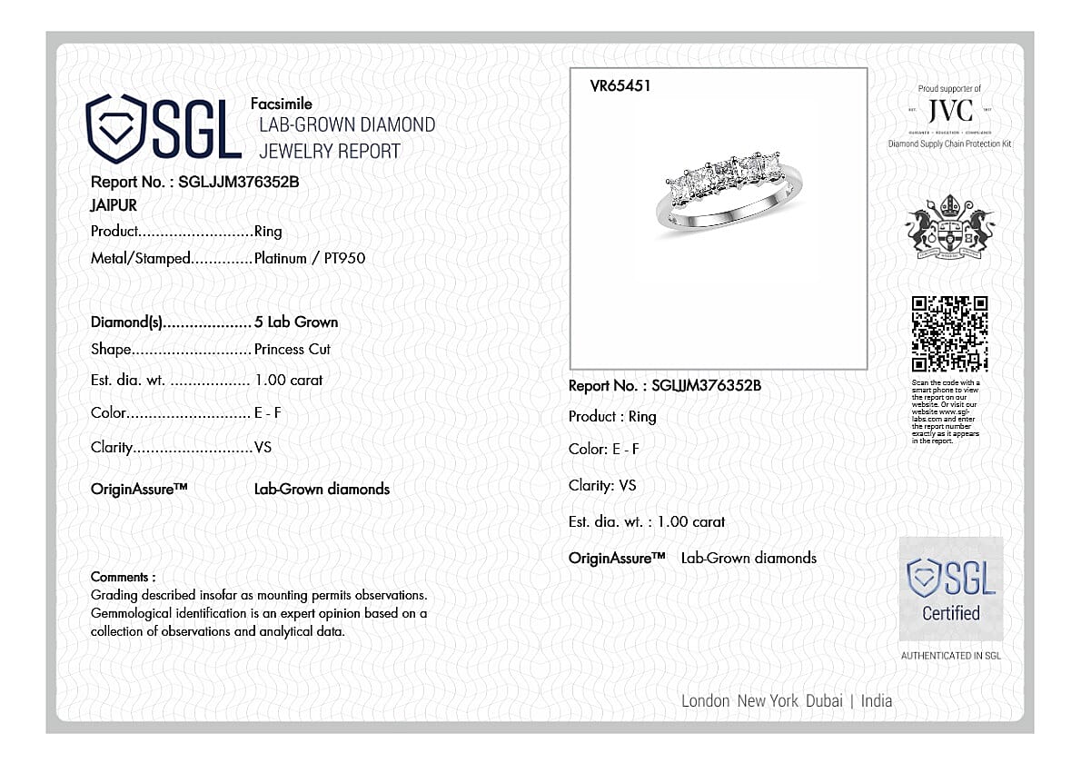 Luxuriant Diamond 950 Platinum SGL Certified Princess Cut Lab Grown Diamond (VS-E-F) 5 Stone Ring 1.00 Ct. Luxuriant Diamond 950 Platinum SGL Certified Princess Cut Lab Grown Diamond (VS-E-F) 5 Stone Ring 1.00 Ct.