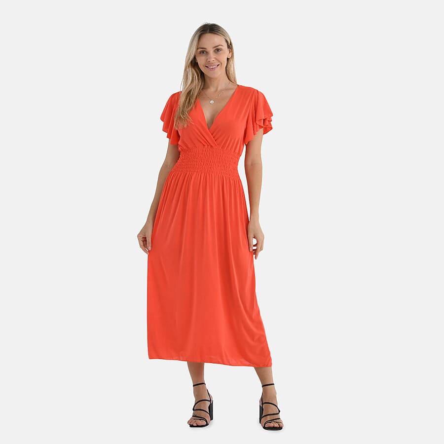 & Maisi Flutter Sleeves V-Neck Smocked Midi Dress