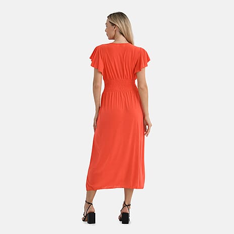 - Maisi Flutter Sleeves Smocked Maxi Dress (One Size) - Orange