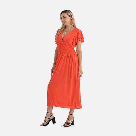 - Maisi Flutter Sleeves Smocked Maxi Dress (One Size) - Orange