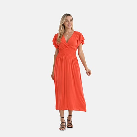- Maisi Flutter Sleeves Smocked Maxi Dress (One Size) - Orange