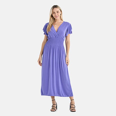- Maisi Flutter Sleeves V-Neck Smocked Maxi Dress (One Size Curve) - Blue